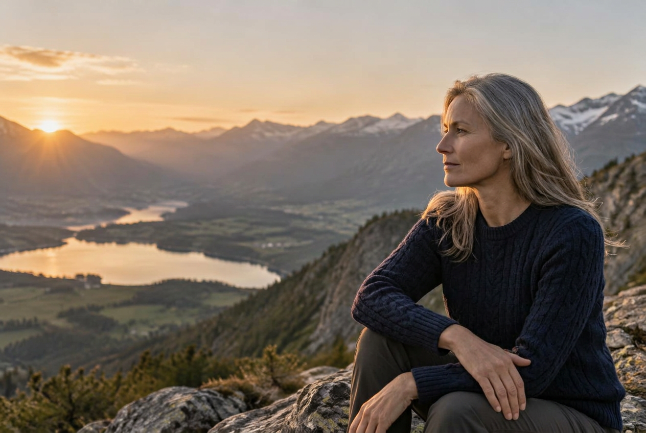 Eine Frau blickt im warmen Abendlicht über eine Berglandschaft